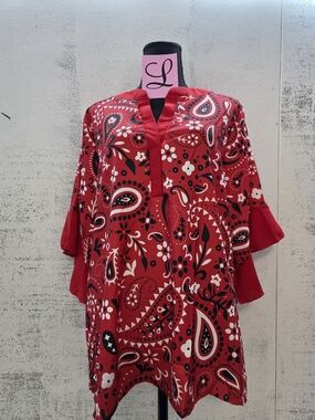 Women's Red Paisley Tunic Top - Casual V-Neck